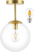 Gold Semi Flush Mount Ceiling Light Globe Ceiling Light Brass Finish with Clear Glass Shade, Contemporary Mid Century Modern Style Lighting for Hallway Living Room Bedroom Storage Kitchen (Bulb Incl.)