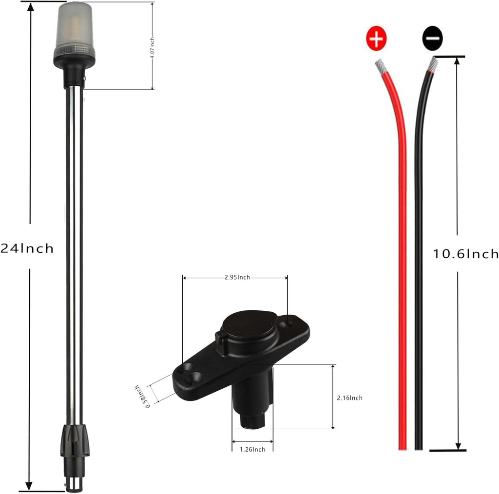 Stern Light Anchor Light LED Marine Boat Navigations Lights Pole USCG 2 NM All Round White Removable 2 Pin 10-24 Volt 24 Inches (Plug In Angled Base)