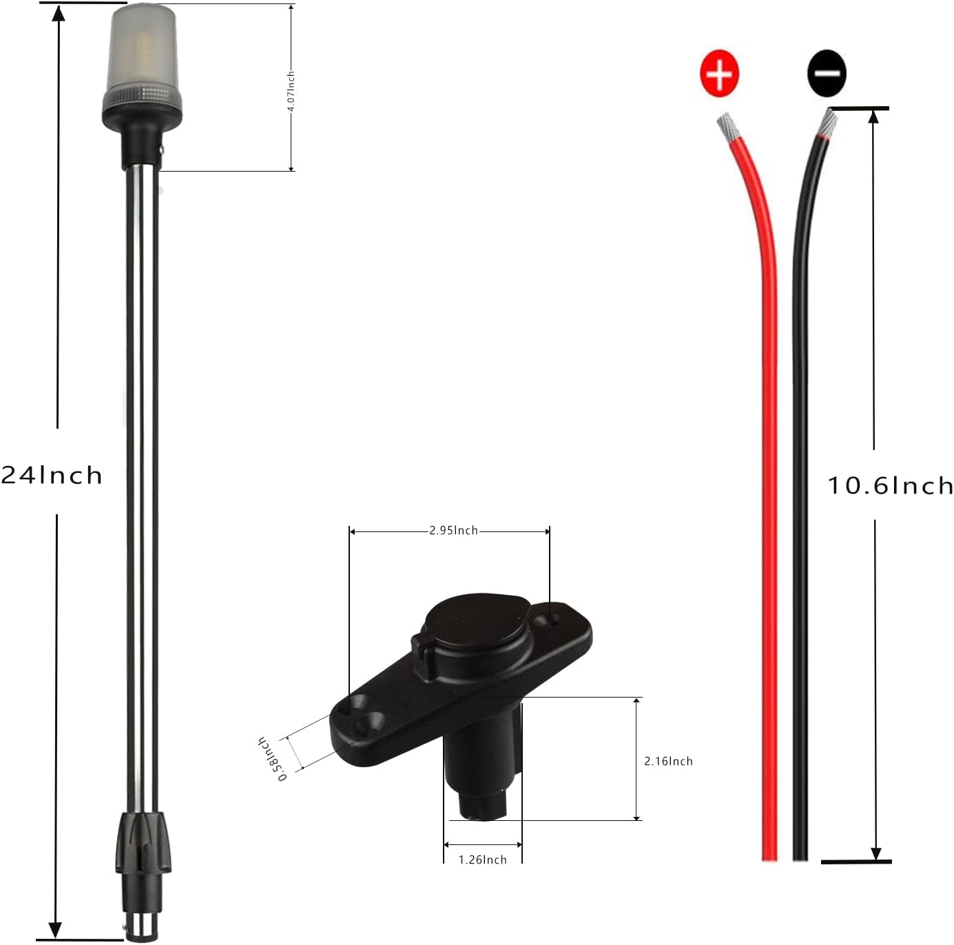 Stern Light Anchor Light LED Marine Boat Navigations Lights Pole USCG 2 NM All Round White Removable 2 Pin 10-24 Volt 24 Inches (Plug In Angled Base)