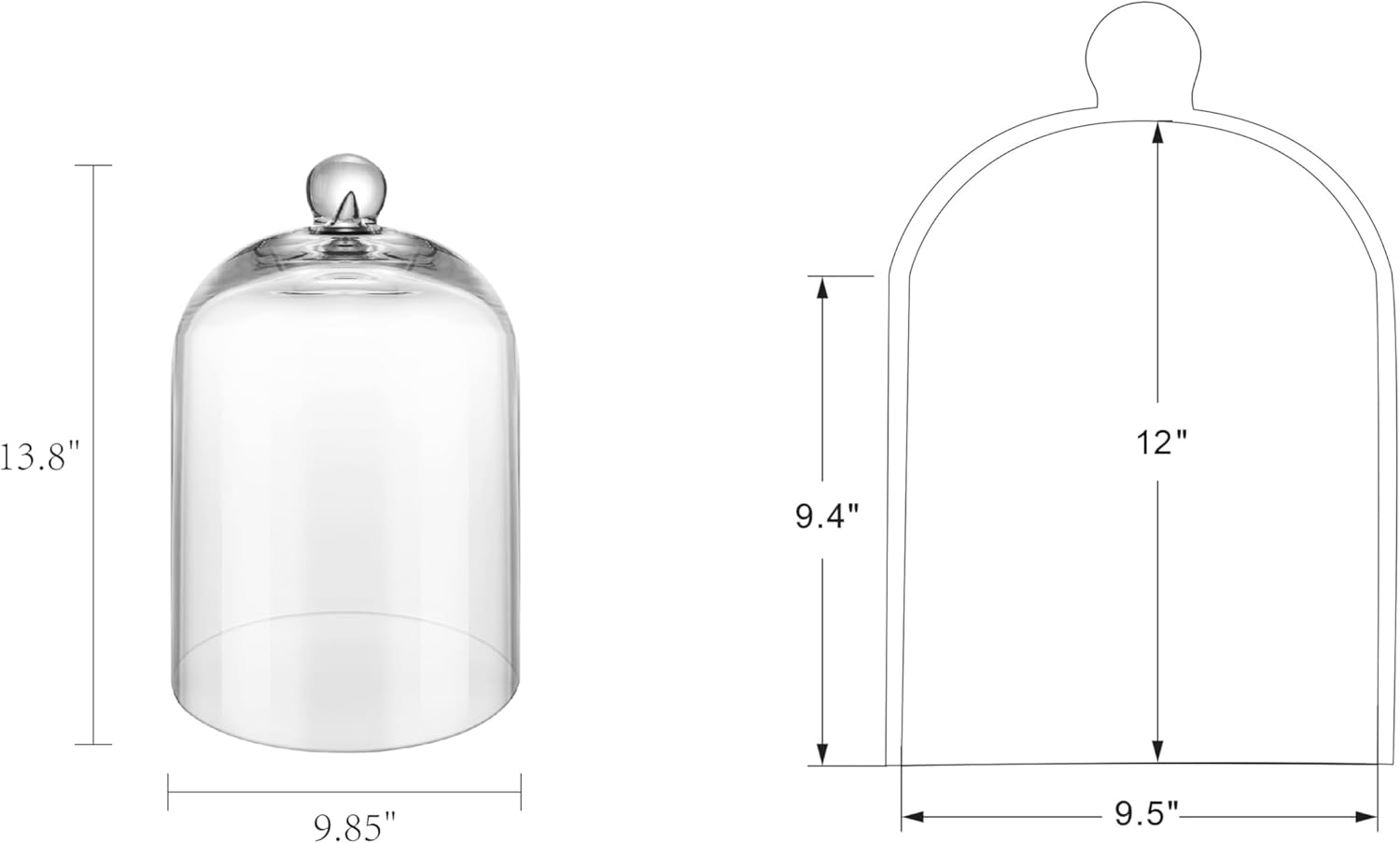 14" Tall Large Handmade Thick And Sturdy Glass Cloche Dia 9.8" H 13.7", Thick & Sturdy, For Terrarium, Trinkets, Figurines, LED Light String. Cloche Glass Dome, Bell Jar Display (1, 9.8"x13.7")