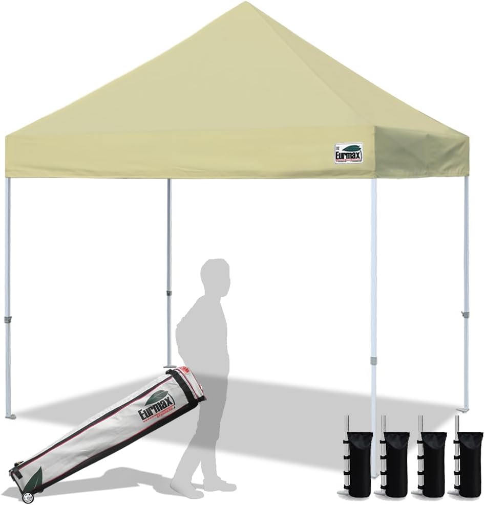 Eurmax USA 8'x8' Pop Up Canopy Tent Commercial Instant Canopies with Heavy Duty Roller Bag,Bonus 4 Sand Weights Bags (Beige)