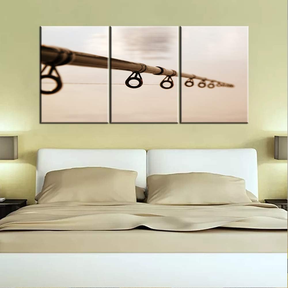 3 Panel Wall Art Angling Lines Pictures Fishing Tackle Paintings Living Room House Decorations Printed on Brown Canvas Giclee Contemporary Artwork Stretched and Framed Ready to Hang Gift(60''WX28''H)