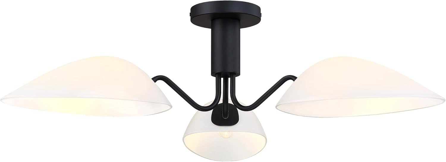 MEXO Modern Black 3-Light Ceiling Light with Opal White Glass Shade Semi Flush Mount Ceiling Light for Living Room Hallway Sputnik Chandelier Lighting Fixture