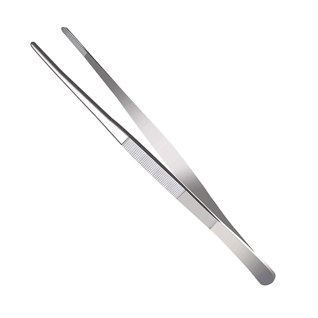 Long Forceps Tweezers, Serrated Bent Flat Tips Precision Curved Science Surgical Tongs Jewelers Needle Metal Sewing Sharp Small Kitchen Cooking Tweezers With Teeth Knurled Handles (1PCS)