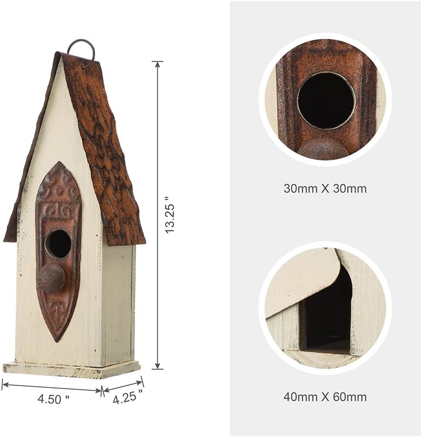 Glitzhome 13.25" H Washed White Distressed Solid Wood Birdhouse Hand Painted Hanging Bird House for Outdoors
