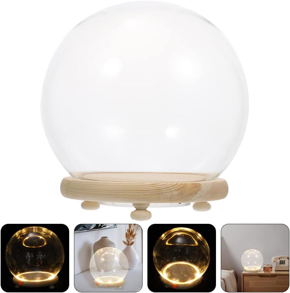 Clear Glass Cloche Globe Display Dome Bell Jar with Wooden Base Terrarium Keepsake Display Globe with Light for Plants Succulents 10X10cm