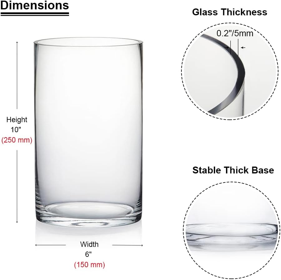 Enova Floral Clear Glass Cylinder Vase 6 x 10 Inches Round Flower Vase, Pillar Candle Floating Candle Holder Vase, Tall Glass Vase for Flowers, Glass Vase for Decor, Wedding Centerpieces (1 Piece)