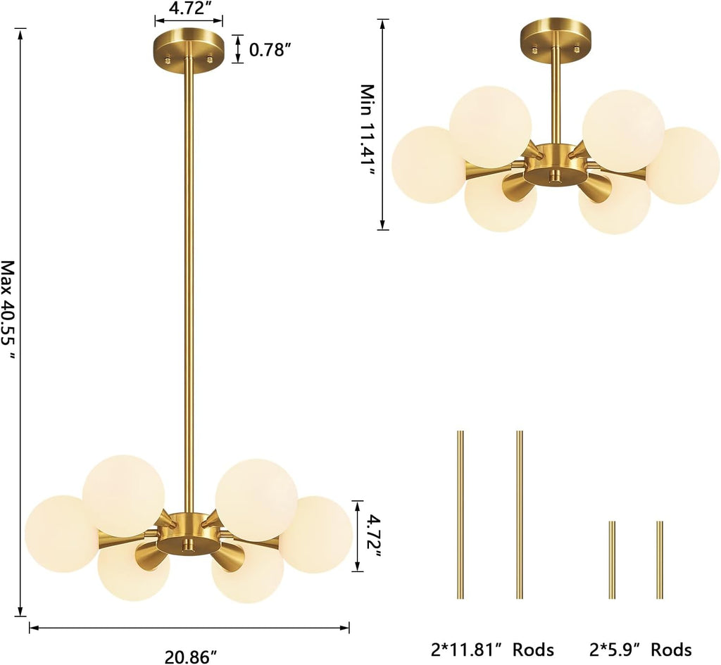 Mid Century Modern Ceiling Light with Milk White Glass lampshade Gold Semi Flush Mount Ceiling Light Fixture Sputnik Chandelier for Bedroom Living Room Dining Room Foyer Hallway(6-Lights)