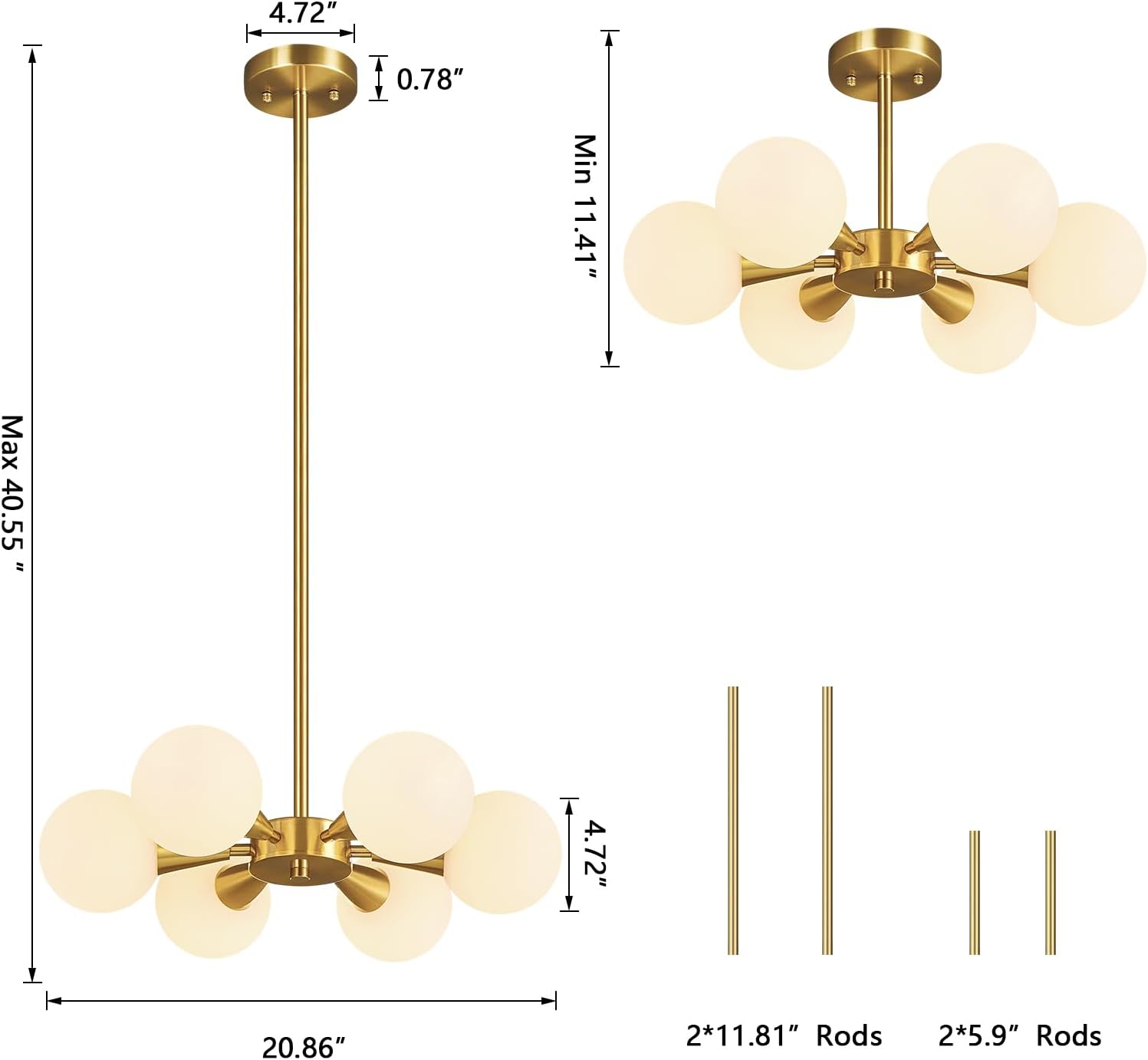 Mid Century Modern Ceiling Light with Milk White Glass lampshade Gold Semi Flush Mount Ceiling Light Fixture Sputnik Chandelier for Bedroom Living Room Dining Room Foyer Hallway(6-Lights)
