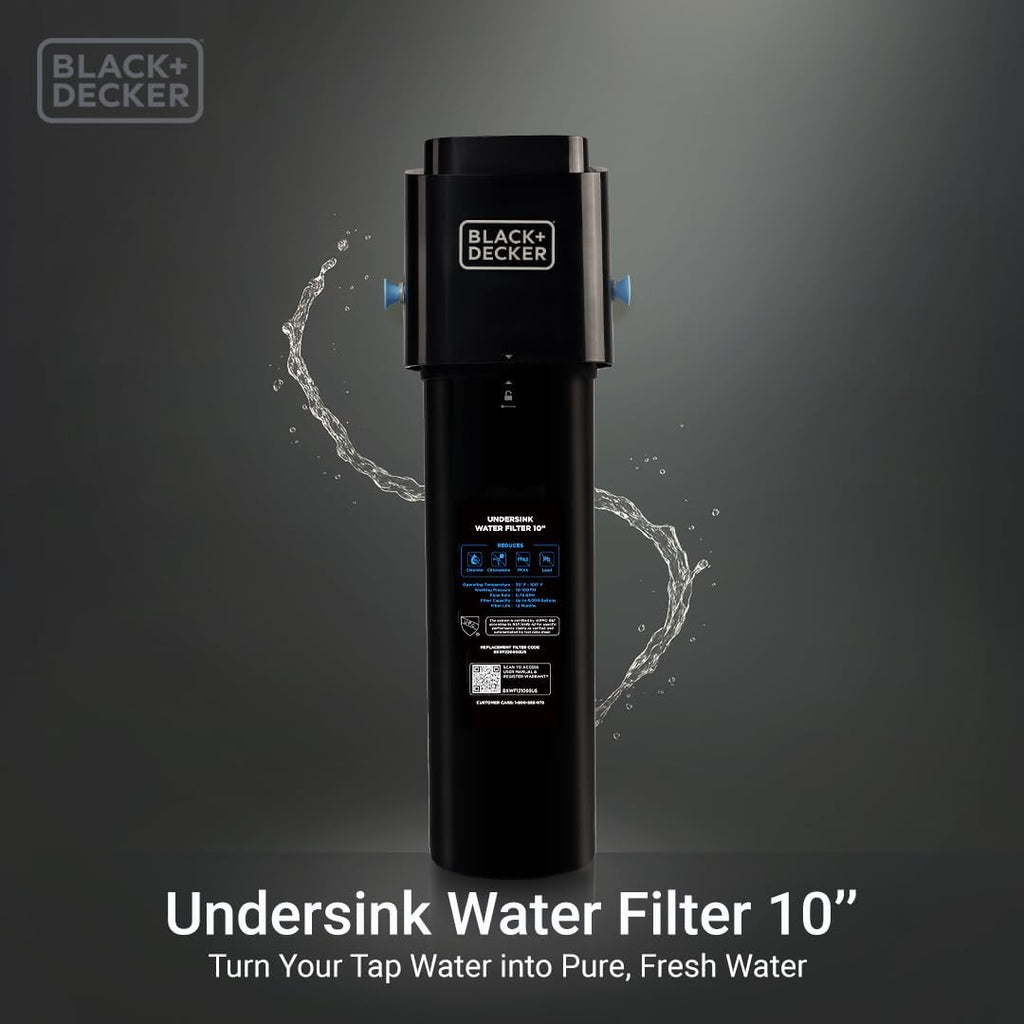 BLACK+DECKER Undersink Water Filter 10’’ | Reduces CHLORAMINE,Chlorine, Lead, PFAS, Bad Taste, Odor | Under Counter Water Filter Direct Connect to Kitchen Faucet | NSF/ANSI 42 Certified | 1 year
