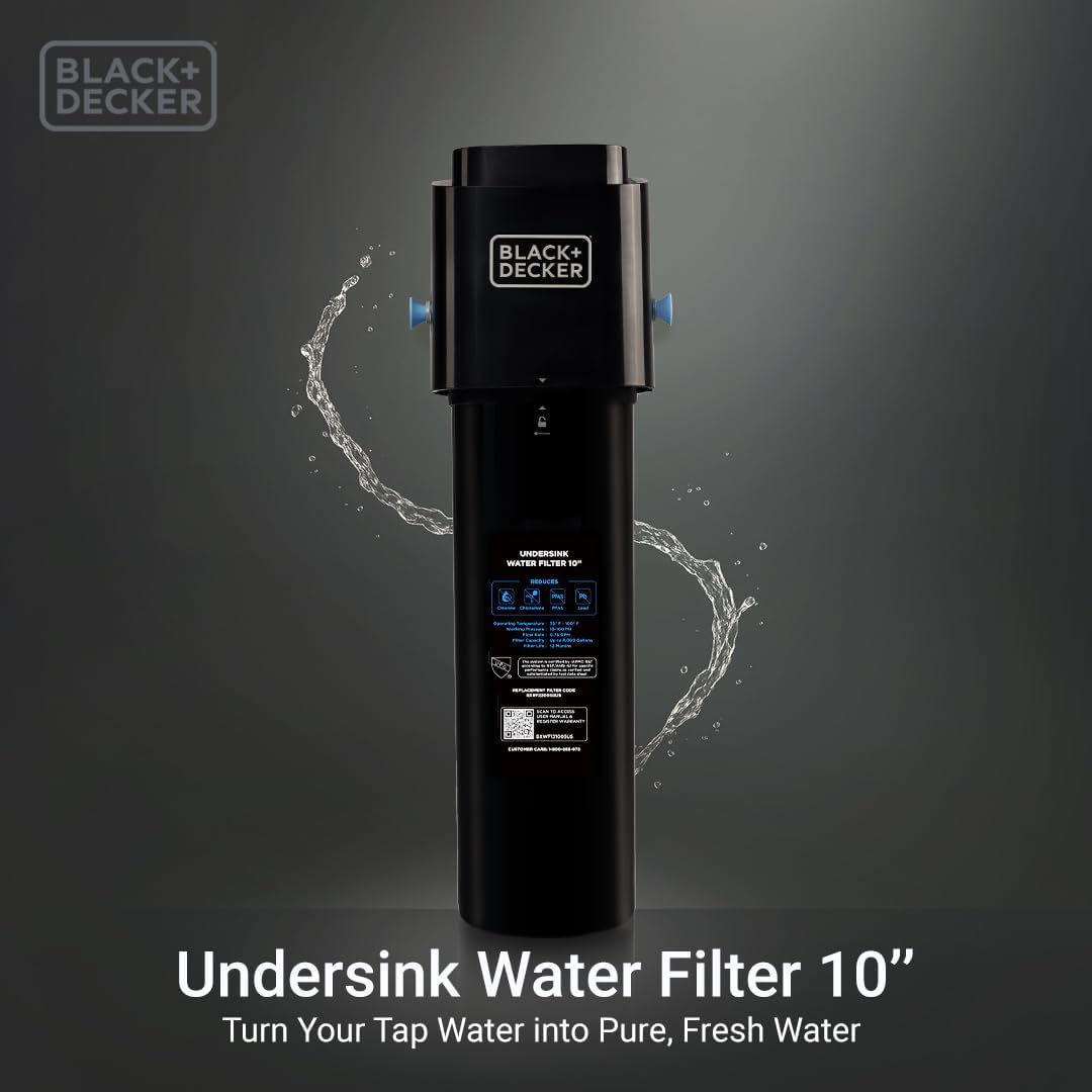 BLACK+DECKER Undersink Water Filter 10’’ | Reduces CHLORAMINE,Chlorine, Lead, PFAS, Bad Taste, Odor | Under Counter Water Filter Direct Connect to Kitchen Faucet | NSF/ANSI 42 Certified | 1 year