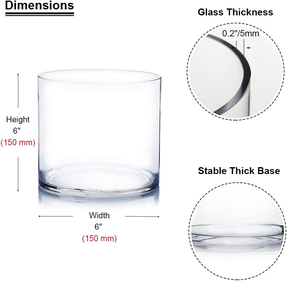 Enova Floral Clear Glass Cylinder Vase 6 x 6 Inches Round Flower Vase, Pillar Candle Hurricane Floating Candle Holder Vase, Small Floral Glass Vase for Decoration Home, Wedding Centerpiece (1 Piece)