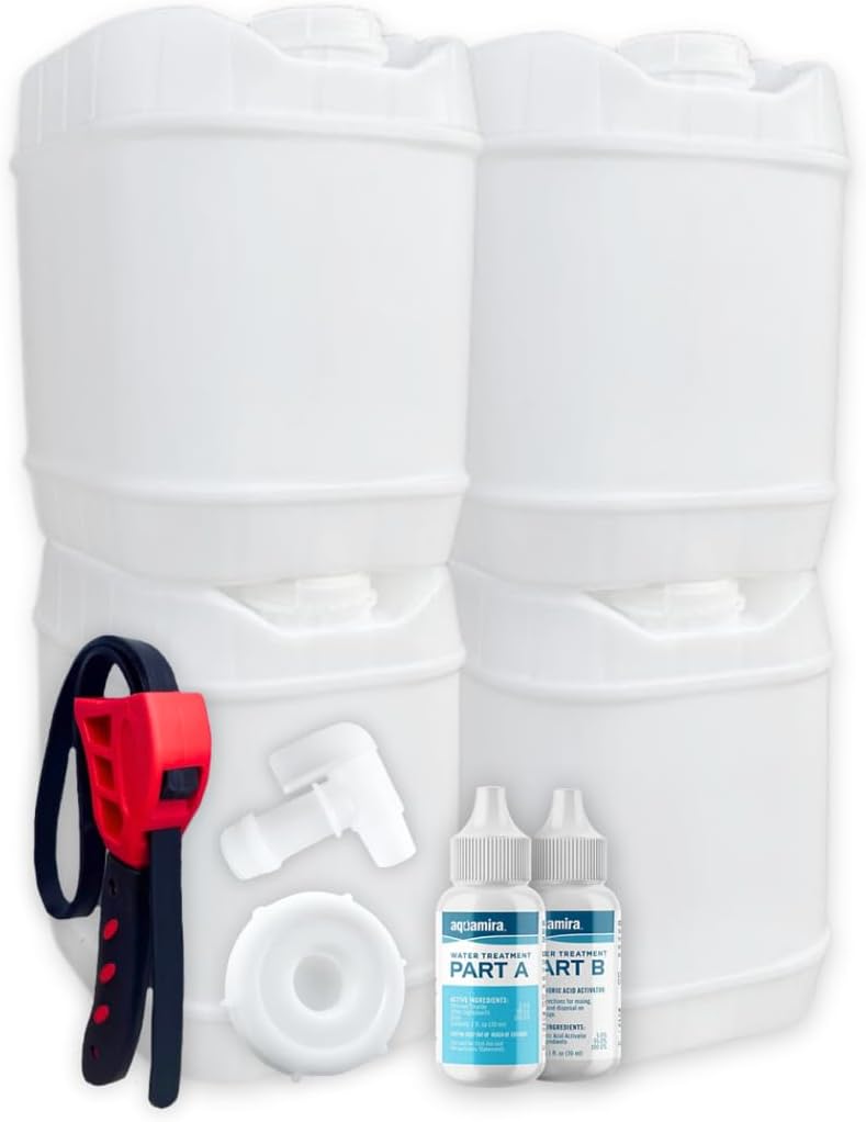 5-Gallon Stackable Water Storage Containers, Water Treatment, w/ 5 Lids + 1 Spigot, Easy Fill, Survial Supply Emergency Water Storage for Disaster Preparedness, 20 Gallon (4 Tanks)