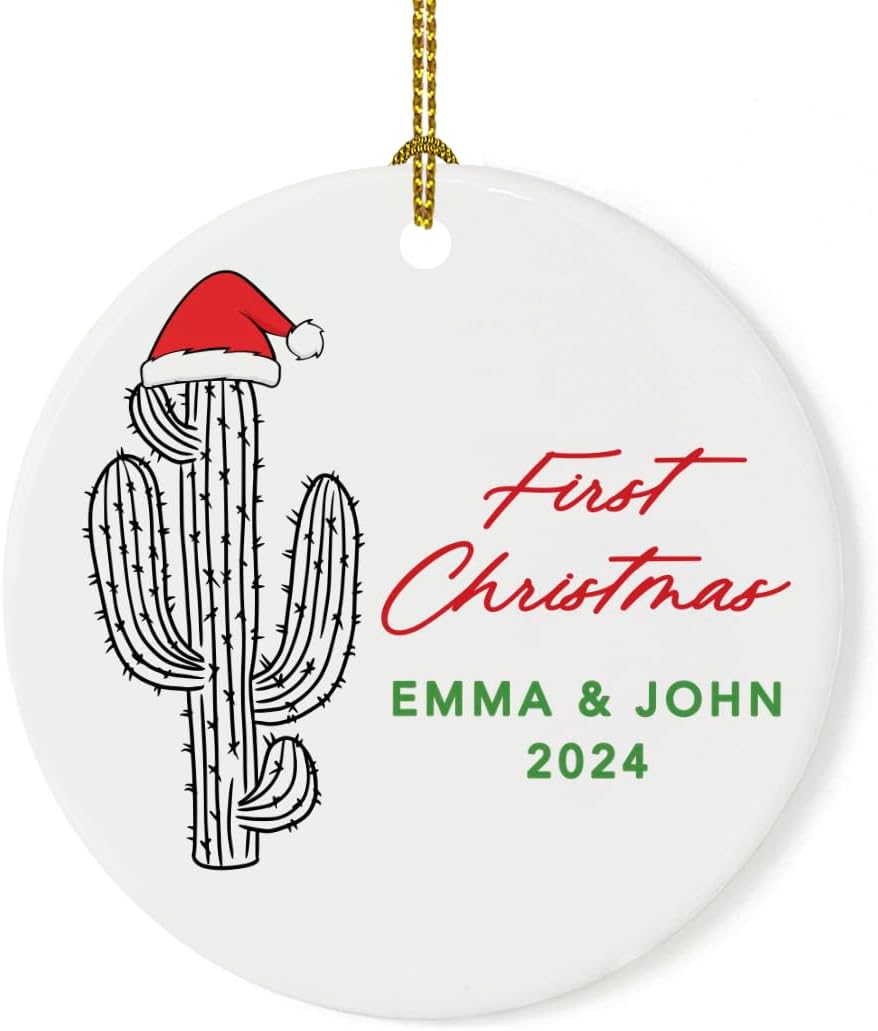 Andaz Press 2.8" Ceramic Porcelain Personalized Christmas Cactus Ornament, Cactus First Christmas, Custom Cactus Christmas Ornaments, Succulent Ornament Cactus Decor, Wedding, Gift for Couples