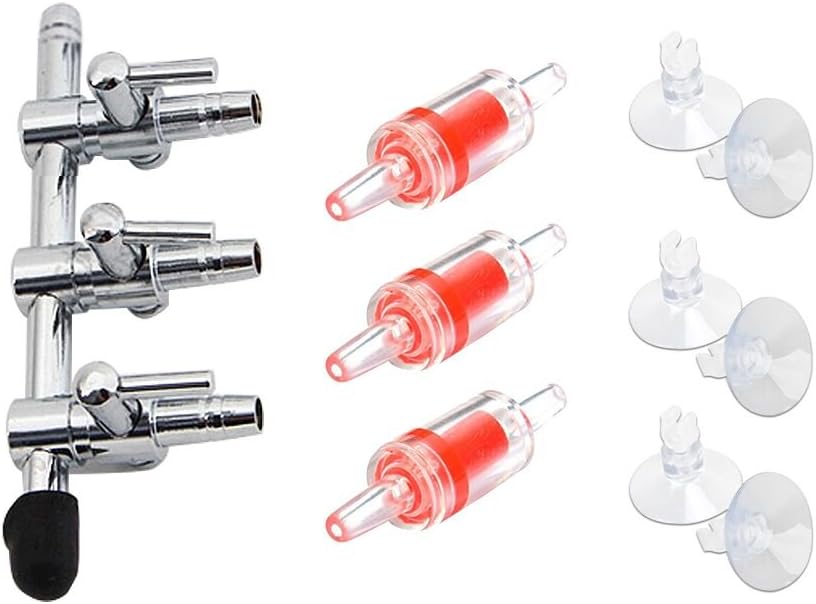 Aquarium Air Pump Splitter 10 in 1 Set 3-Way Air Flow Control Lever Valve & 3 Non-Return Check Valves & 6 Suction Cups for Fish Tank Airline Air Tube Hose