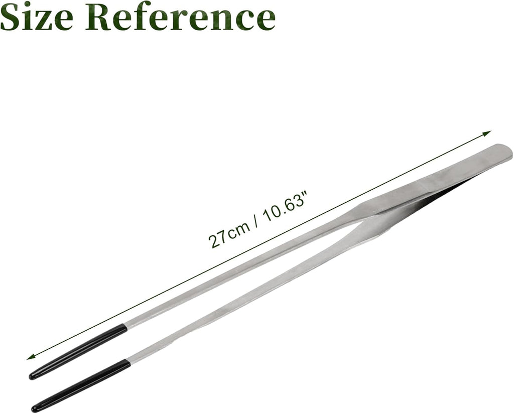 Reptile Feeding Tongs, Stainless Steel Lizard Feeding Tongs, Aquarium Straight Feeding Tweezers for Reptiles with Rubber Tip, Terrarium Feeding Tongs 10.63" L, Black Silver Tone