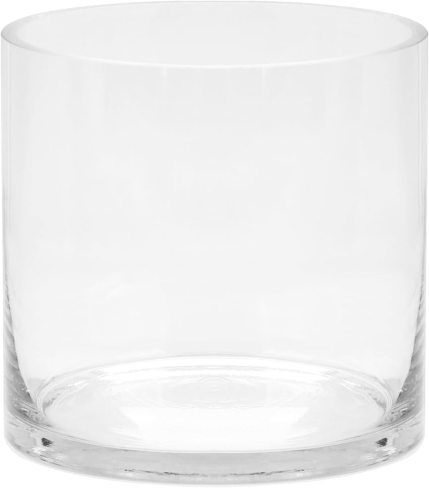 6" Wide 6" Tall Large Hand Blown Sturdy Clear Cylinder Glass Vase, Centerpiece Flower Vase for Rose, Tulip, Boquets, Hurricane Candle Holder (1, 6"x6")