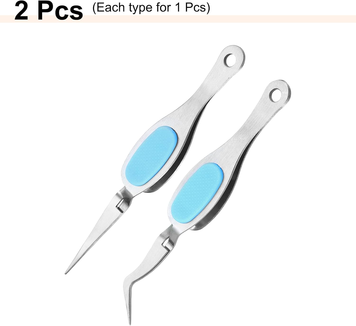 HARFINGTON 2pcs Craft Tweezers Precision Crossing Lock Curved Straight Stainless Steel Soft Reverse Grip Fine Tip Tweezers for DIY Craft Jewelry Beading Electronics, Silver Blue