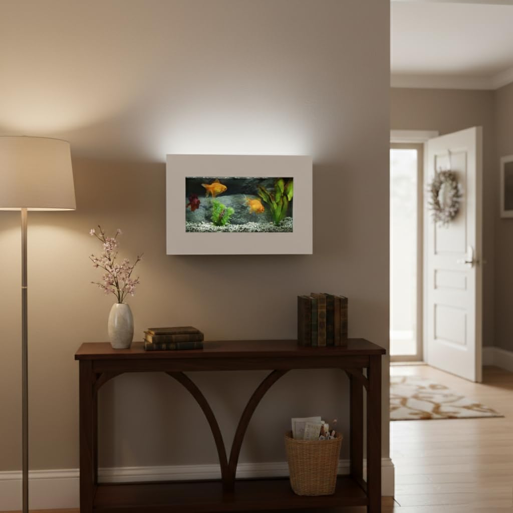 Aussie Aquariums 3.0 Wall Mounted Fish Tank Kit with LED Lighting, Built-in Filter System, Modern Space-Saving Design, Complete Accessories Set (View, Matte White)
