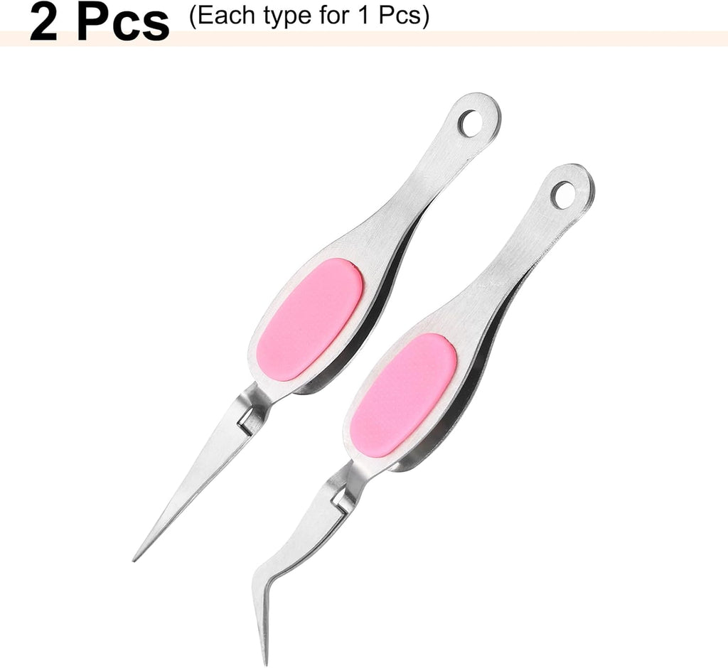 HARFINGTON 2pcs Craft Tweezers Precision Crossing Lock Curved Straight Stainless Steel Soft Reverse Grip Fine Tip Tweezers for DIY Craft Jewelry Beading Electronics, Silver Pink