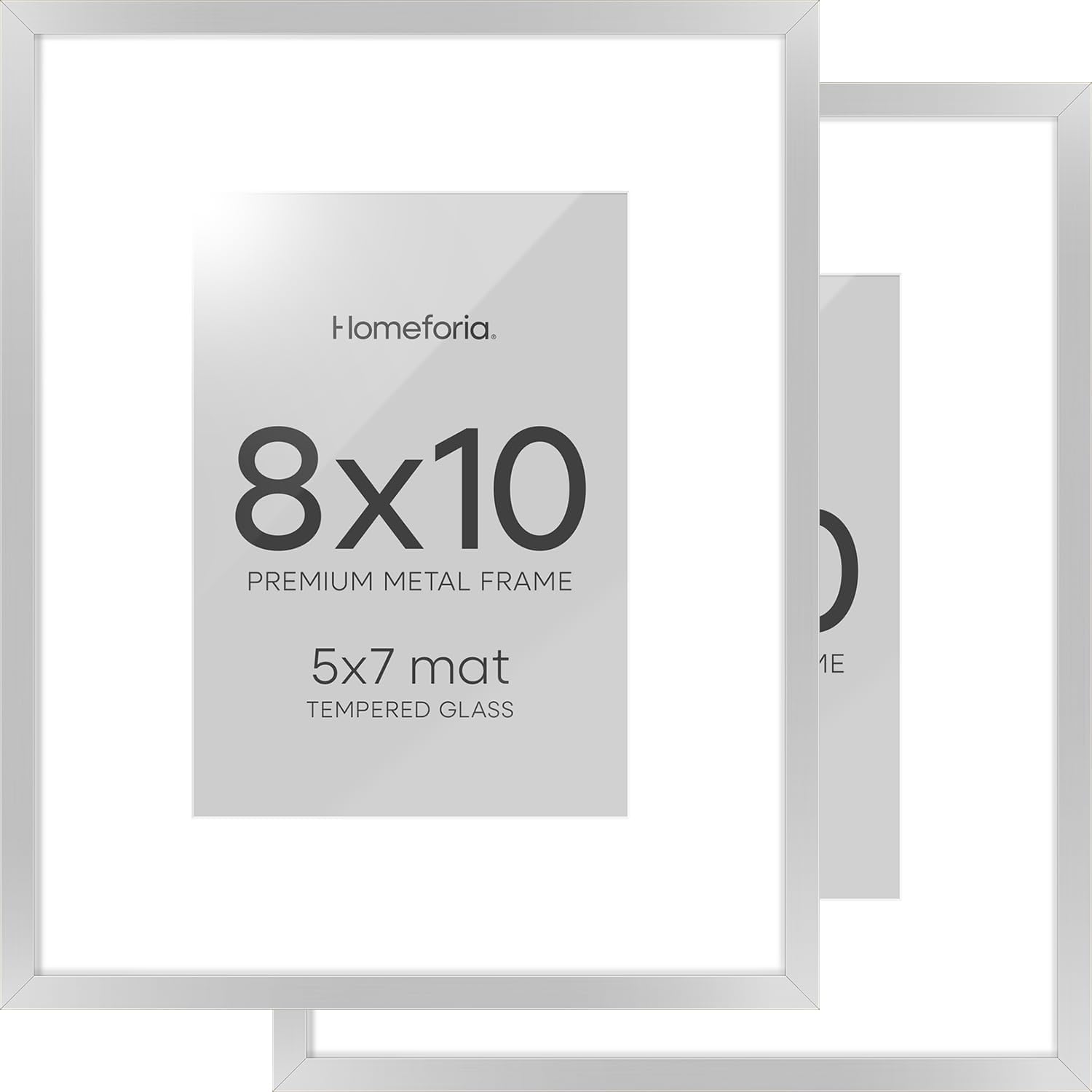 Homeforia Silver Picture Frame 8x10, High End Metal 8 x 10 Photo Frames with Mat 5 by 7 Art, 10x8 Thin Frame Matted to 5x7 inch Print, 10by8 Wall or Tabletop Frames, Tempered Glass, Wall Kit, Set of 2