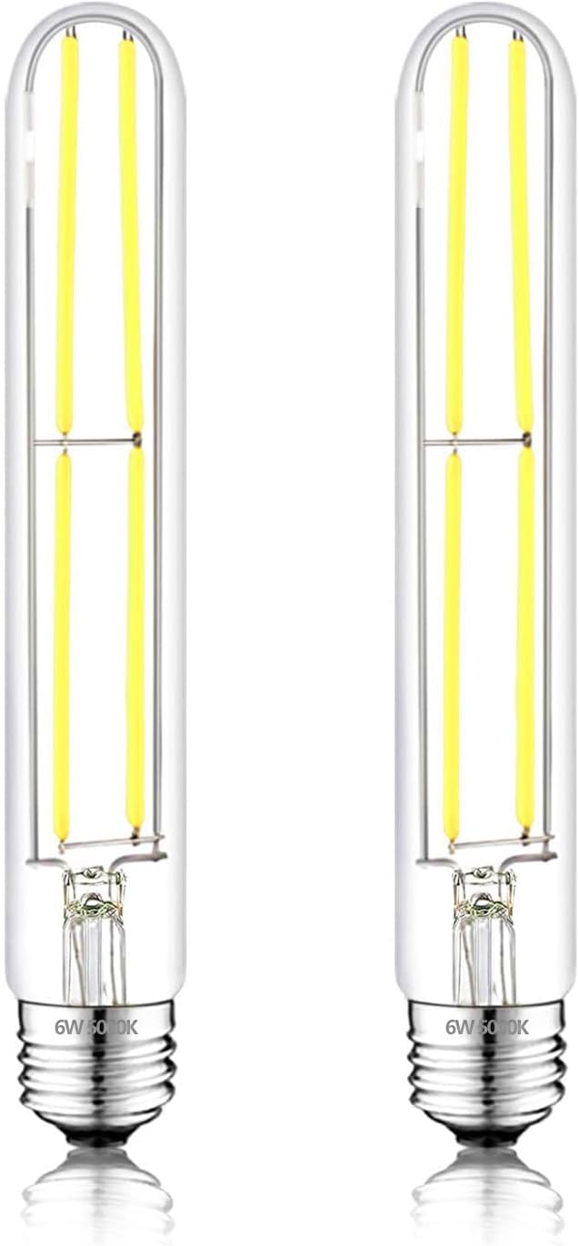 7.3 Inch E26 Led Bulb 6W Dimmable, 5000K Daylight Edison Bulbs 800LM, Equal 80 Watt Tubular T10 T9 Long Clear Glass Light Bulb for Pendant Pipe Wall Sconces Chandeliers - 2Pack