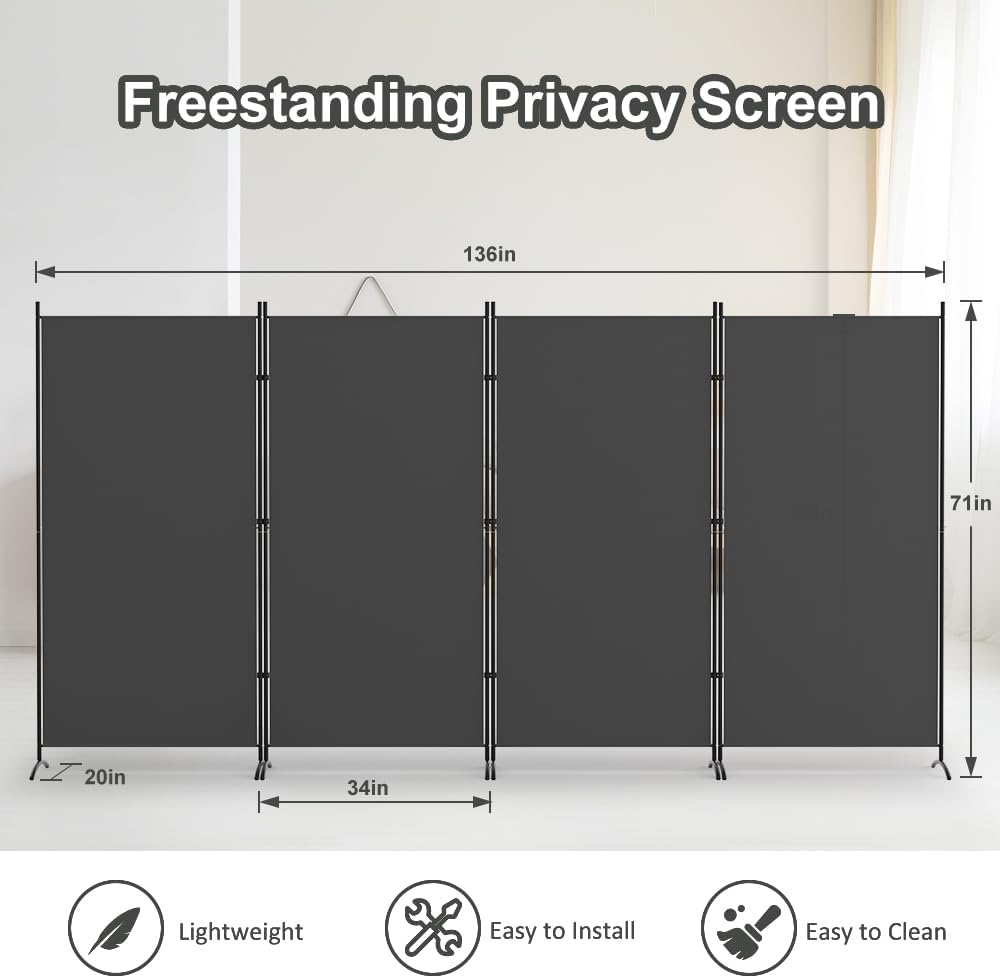 Kokorona 4 Panel Room Divider, 6FT Tall Folding Privacy Screen Wall Dividers, Portable Privacy Screen Freestanding Room Divider for Room Separation, Included - Cover Strips, Grey, 136''W x 71''H