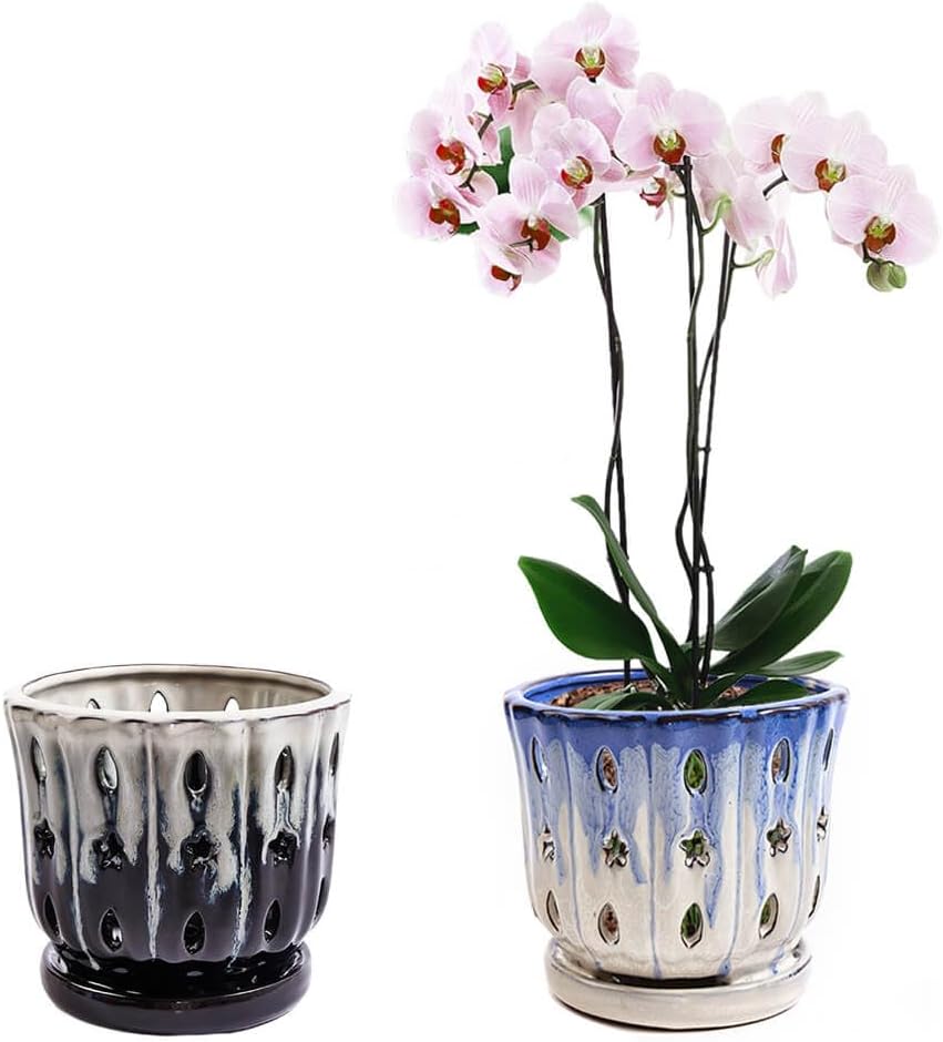 Orchid Pots with Holes Attached Saucers 5 Inches - 2 Pcs Small Ceramic Pots for Repotting, Decorative Ceramic Orchid Planter with Hole for Healthy Root Growth Mixed Color