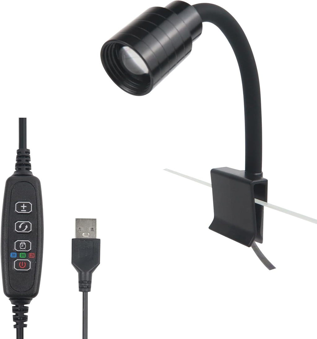 Mini Clip On Aquarium Light Small Dimmable Fish Tank Light USB Spotlight with Timer 3 Light Modes 10-Level Brightness for 1 to 3 Gallon Tanks (Adapter NOT Included)