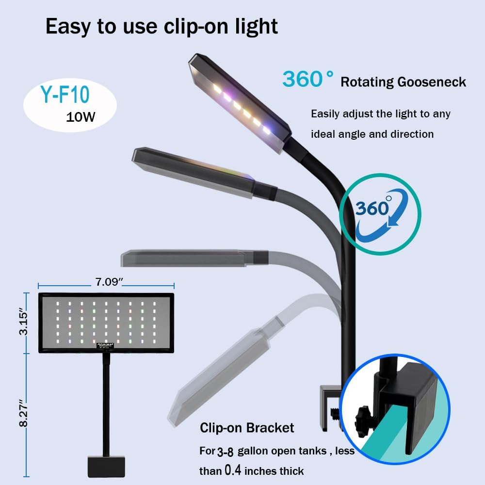 Clip-On Aquarium Light 10W Full Spectrum LED Nano Fish Tank Light with Timer & Dimmer and 3 Lighting Modes for Freshwater Plants & Tropical Fish Ideal for 8-20 Inch Tanks (3-8 Gallons)