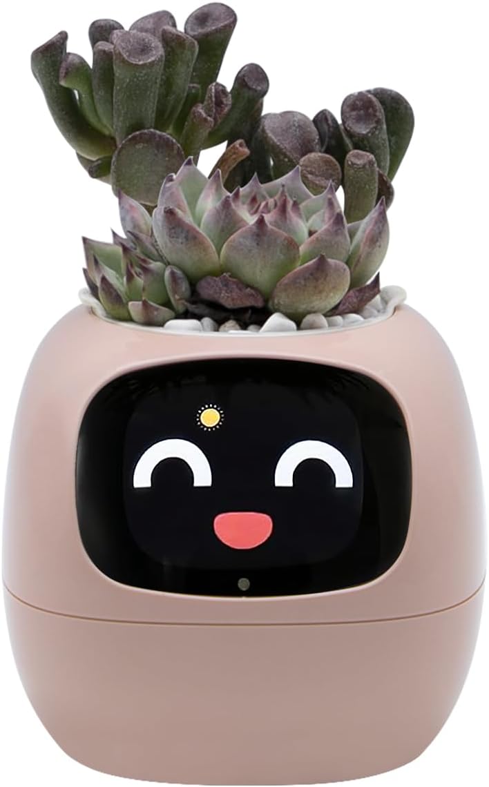 Smart Plant Pot with Expression, AI Intelligent Flower Pot for Indoor Decoration, Smart Garden Pot with Water/Light/Temperature Sensors, Ivy AI Planter(Pink)