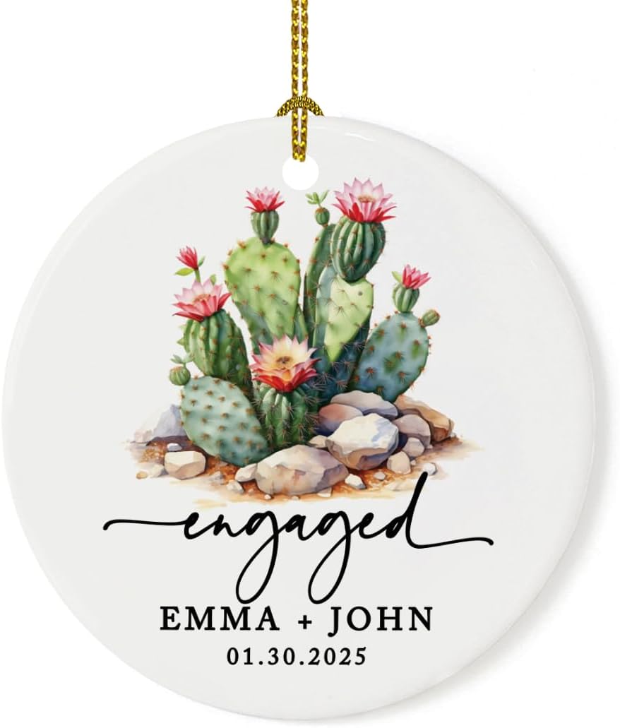 Andaz Press 2.8" Ceramic Porcelain Personalized Christmas Cactus Ornament, Engaged Flowering Cactus, Custom Cactus Christmas Ornaments, Succulent Ornament Cactus Decor, Engagement Gift for Couples