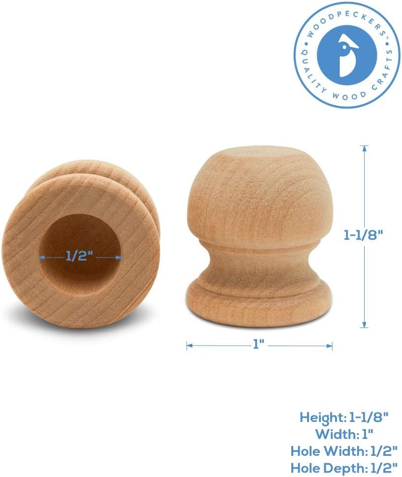 Wood Finials, 1-1/8 Inch Tall with 1/2 Inch Hole, Unfinished Wood Finials for 1/2 Inch Dowel Rods, Wood Dowel Caps for Crafts and DIY, Pack of 100 by Woodpeckers