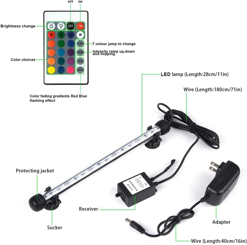 Fish Tank Lights, LED Aquarium Lights RGB Waterproof Color Changing Adjustable Memory Submersible Remote Control Underwater Aquarium Tank Hood Strip Lamp Waterfall Lights, 11 inch