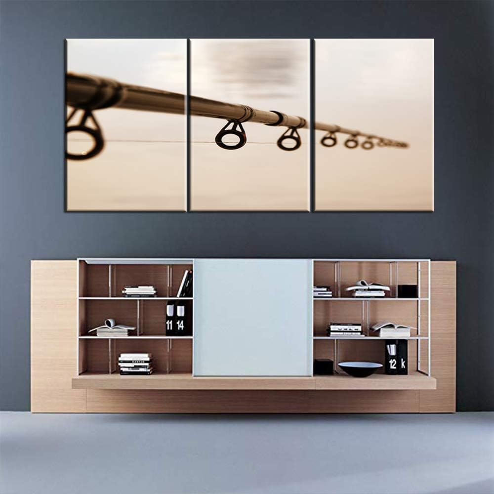 TUMOVO Fishing Rod Picture for Living Room Fishing Tackle Wall Art Angling Artwork 3 Panel Brown Canvas Grunge Paintings Giclee Home Modern Decor Framed Ready to Hang Posters and Prints(48”WX24”H)
