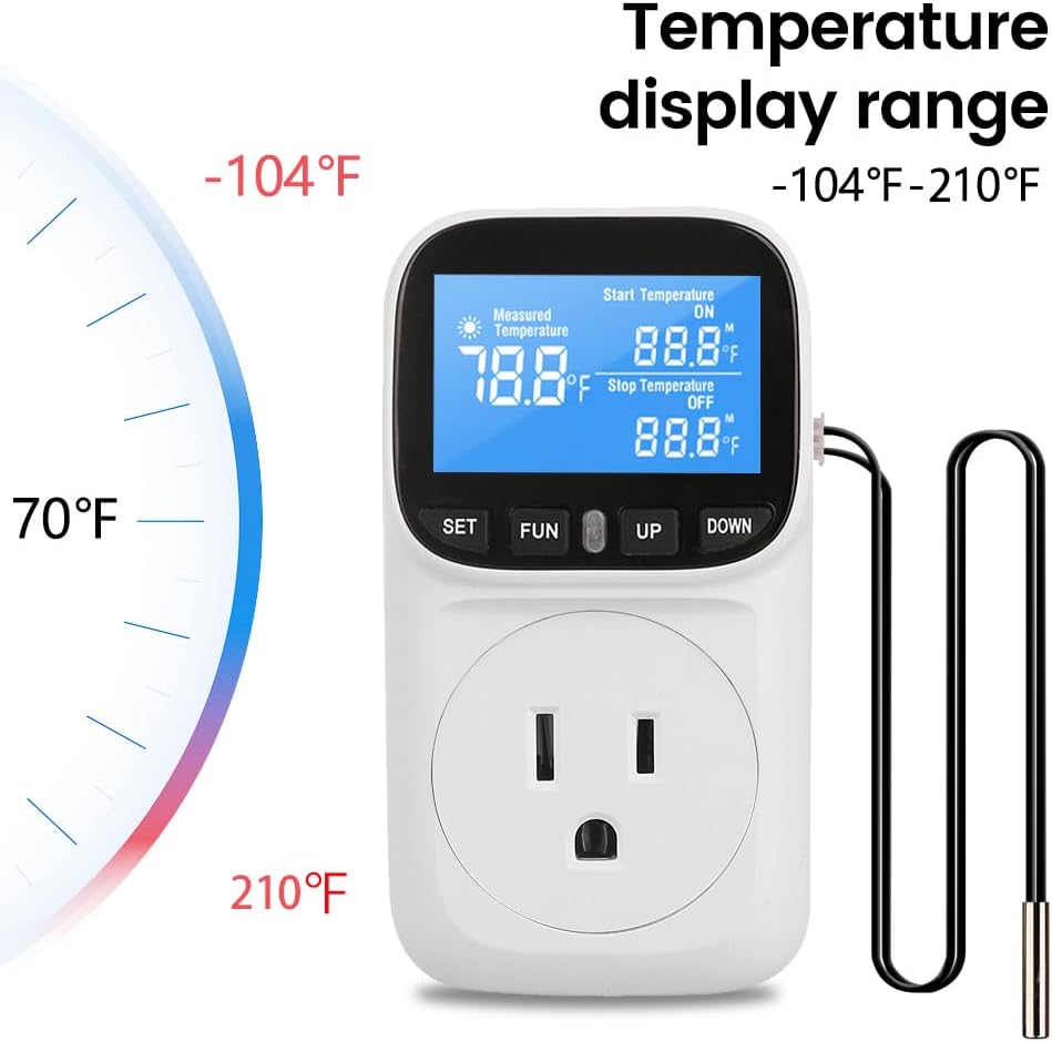 Diymore Plug in Digital Thermostat Temperature Controller,1800W,120V / 15A,-104℉~210℉, Heating Cooling Mode Solar Controller Incubator Thermometer Reptile Greenhouse Thermostat Pool Thermometer