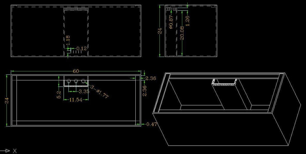 150G3H 150 Gallon SC Aquariums 60 x 24 x 24 H 12mm (Eurobraced) with Built-in Center Overflow