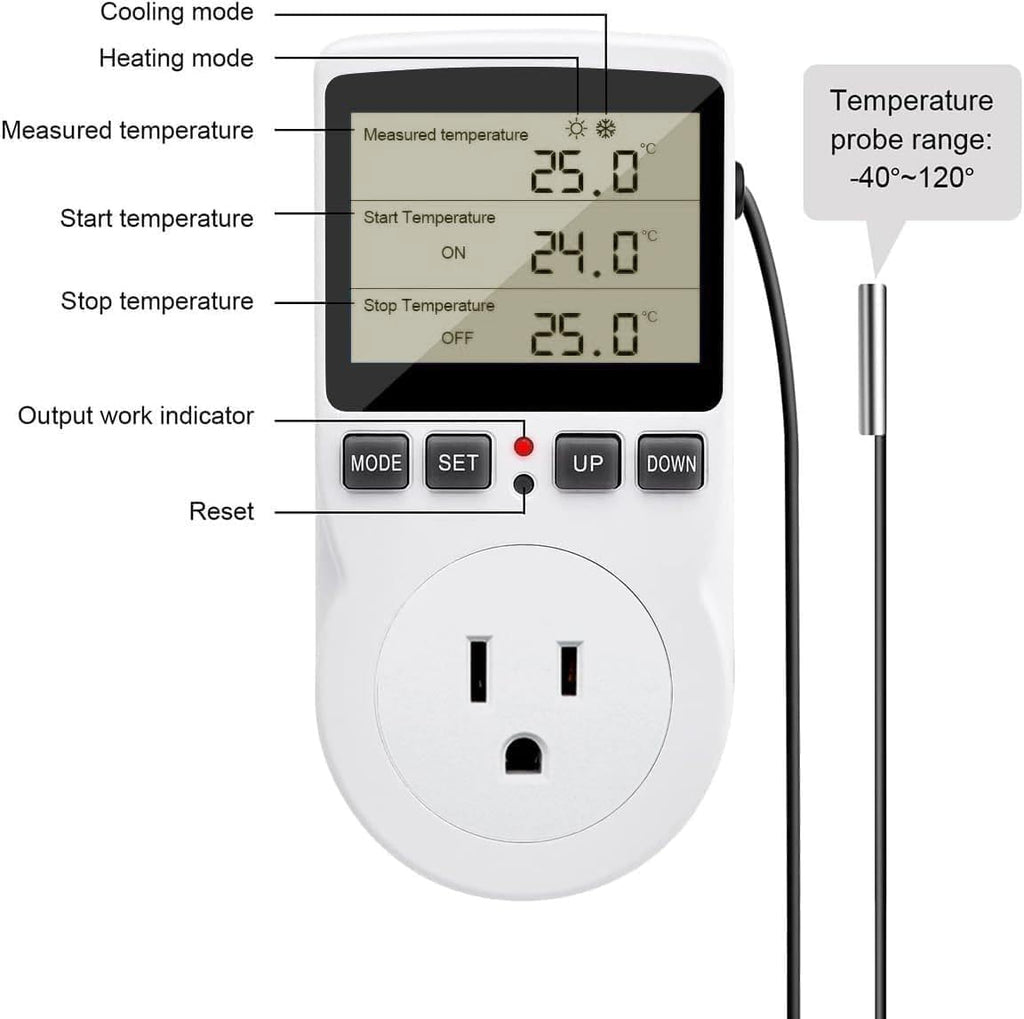 Diymore 1800W Plug in Thermostat Temperature Controller Electric Digital RV Thermostats Heating Cooling Control Mode Timer White 120V 15A Digital Temperature Controller Thermostat Timer LCD Display