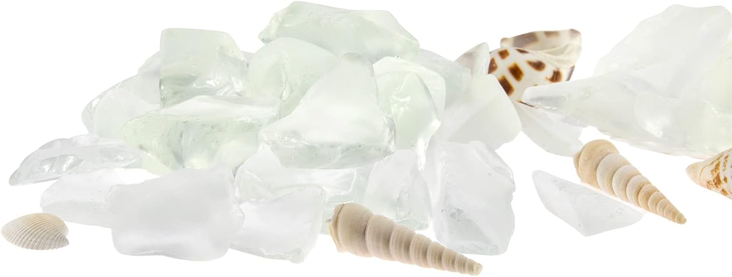 5LB Frosted Sea Glass Vase fillers Crushed Glass, Sea Glass Decor Ideal for Christmas DIY Craft, Aquarium Gravels, Home Decor Crushed Sea Glass Pieces for Beach Wedding, 0.7-3 Inch Clear