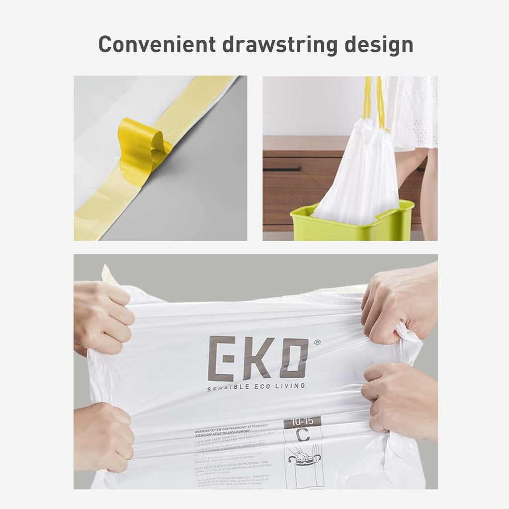 EKO 13 Gallon / 40-60 Liter, 60 Count Drawstring Trash Bags, Extra-Strong Unscented Garbage Bags, Easy-Dispense Roll for Kitchen & Household Use, Leak-Resistant, Code F, White