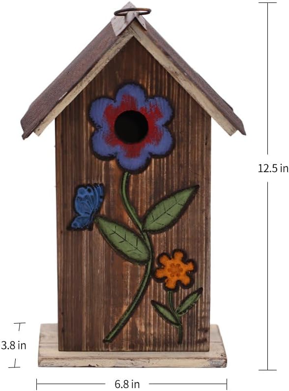 Topadorn Wooden Birdhouse, Carved Floral Bird House for Outdoor Yard Garden Porch Patio Decor, Brown Hanging Wild Bird House, Gift for Bird Lovers