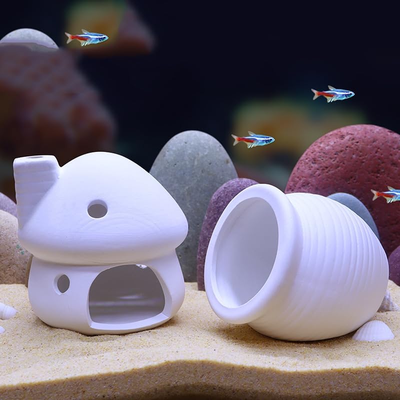 AnRui Ceramic Jar Aquarium Decorations Fish Tank Hideout Cave Cute Pot Aquarium Accessories Decor Ornaments for Cichlid, Small Fish, Shrimp to Play Hide Breed Habitat, White