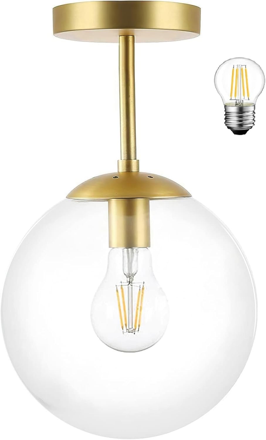 KoKo&Yukina Mid Century Modern Globe Semi Flush Mount Ceiling Light Fixture Clear Glass with Gold Brass Finish Globe Ceiling Light for Aisle Porch Stairway Closet Kitchen Laundry Room(Bulb Incl.)