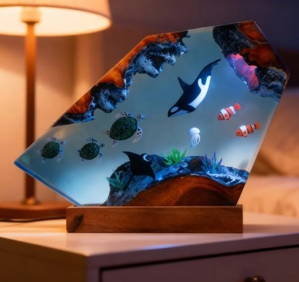 Ocean Resin Lamp – Marine Life Night Light with 16 Color LED, USB Powered Whale Shark & Turtle Desk Lamp with Wooden Base & Remote,Handmade Gift for Christmas, New Year