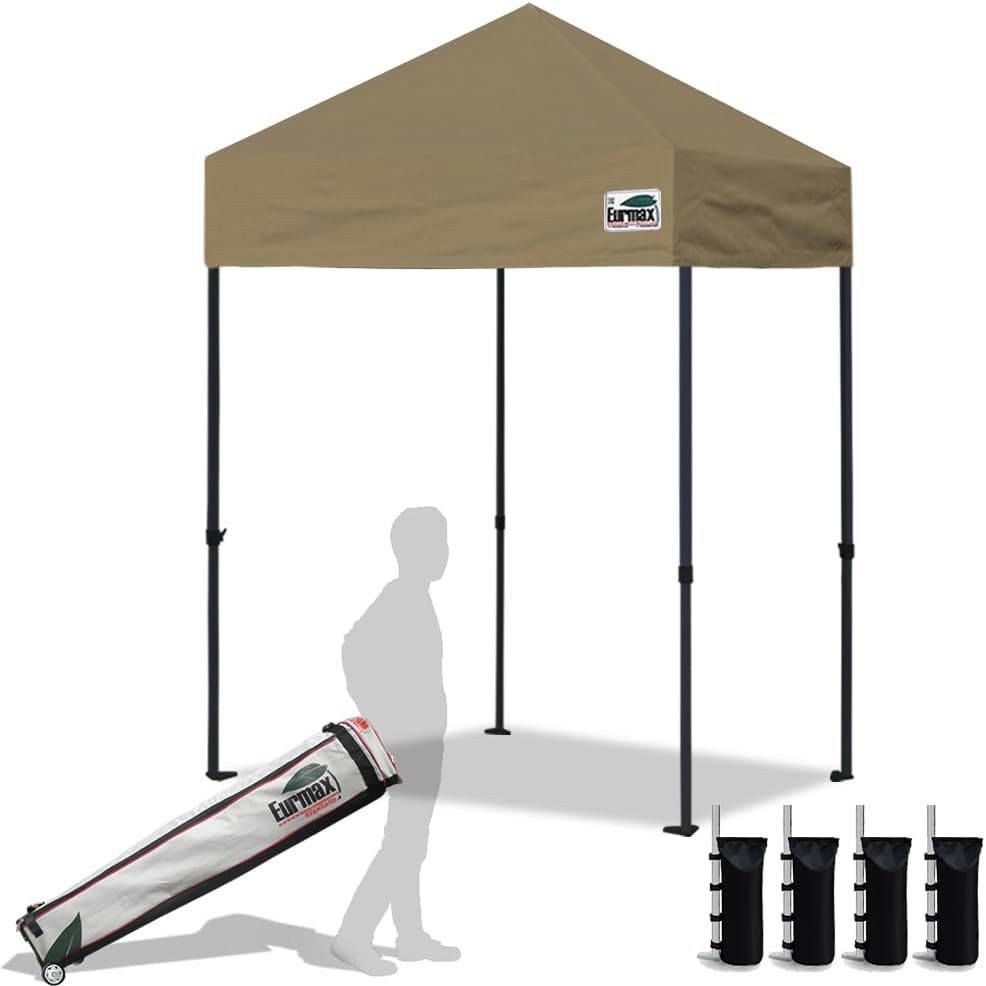 Eurmax USA 5'x5' Pop Up Canopy Tent Commercial Instant Canopies with Heavy Duty Roller Bag,Bonus 4 Sand Weights Bags (Khaki)