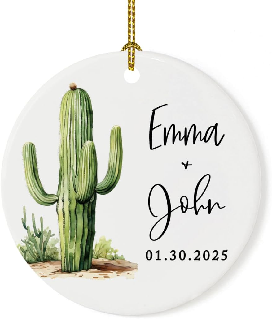 Andaz Press 2.8" Ceramic Porcelain Personalized Christmas Cactus Ornament, Saguaro Design, Custom Cactus Christmas Ornaments, Succulent Ornament Cactus Decor, Engagement, Wedding Gift for Couples