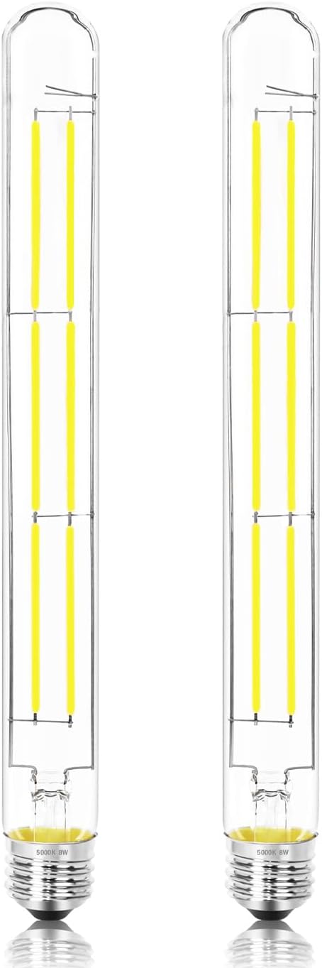 11.8IN 1000LM 5000K Daylight White Light Bulbs E26 Base, T10 T9 Edison Bulbs Dimmable 8W, AC 120V 100 Watt Equal Filament Bulb, Vintage Clear Glass Long Tubular LED Bulb, UL Listed - 2Pack