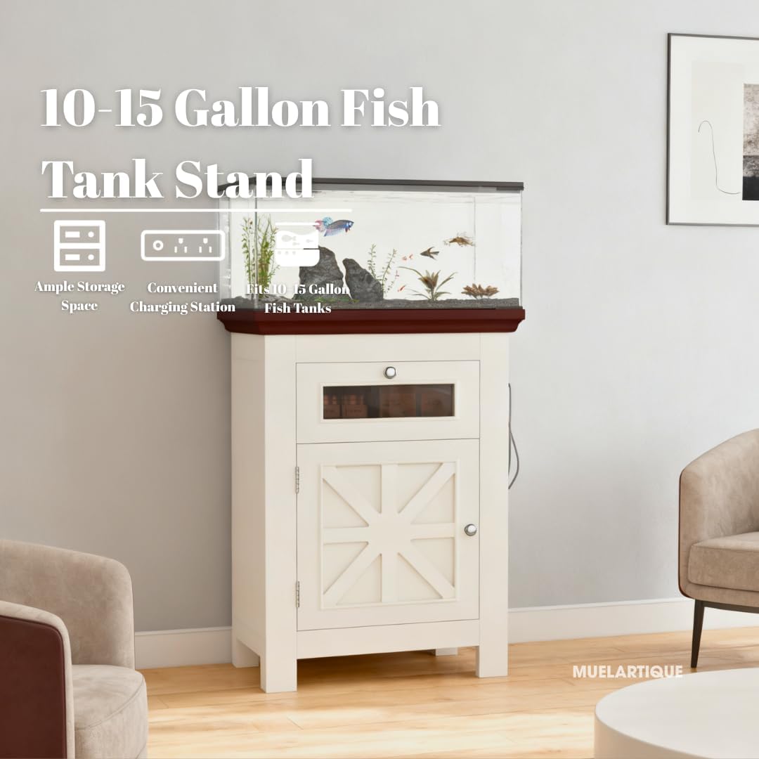 10-15 Gallon Fish Tank Stand with Power Outlets, Aquarium Table with Storage Cabinet & Drawer, 198LBS Capacity Terrarium Stand with USB Ports (Beige + Brown)