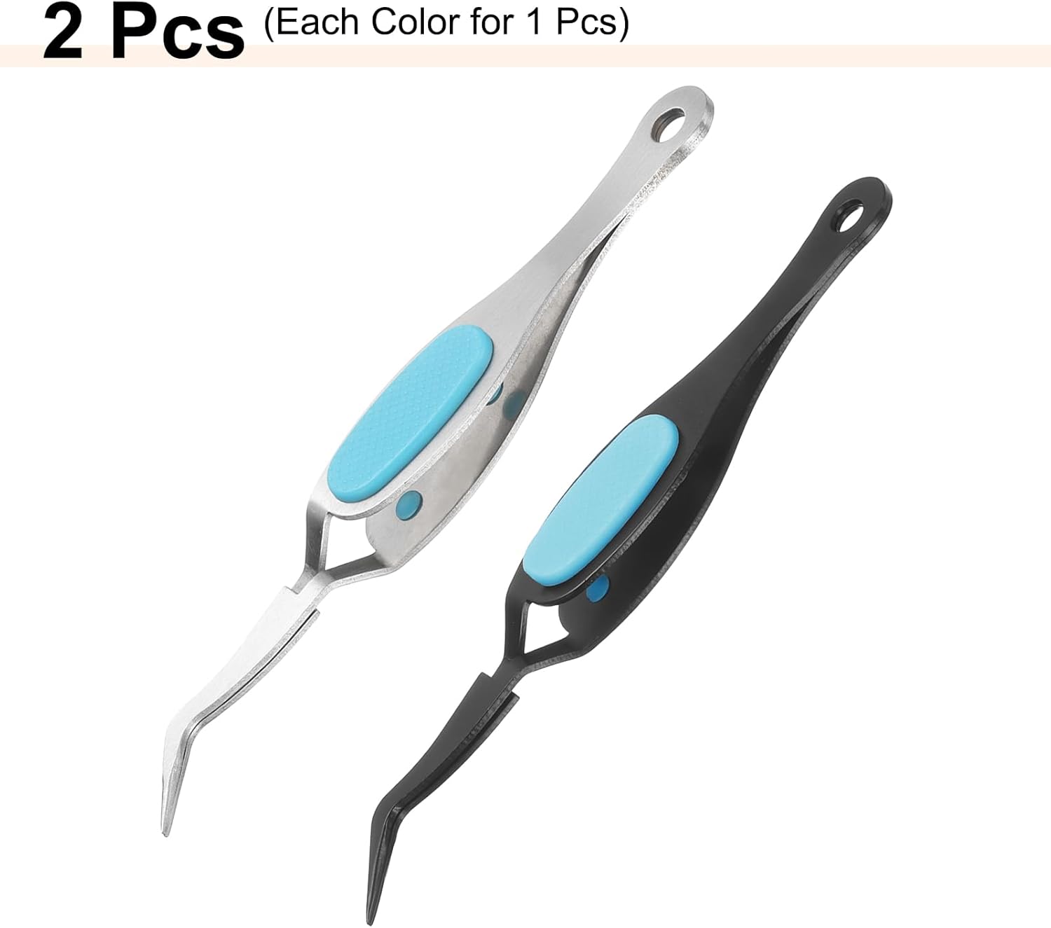 HARFINGTON 2pcs Craft Tweezers Precision Crossing Lock Curved Stainless Steel Soft Reverse Grip Fine Tip Tweezers for DIY Craft Jewelry Beading Electronics, Black Silver Blue