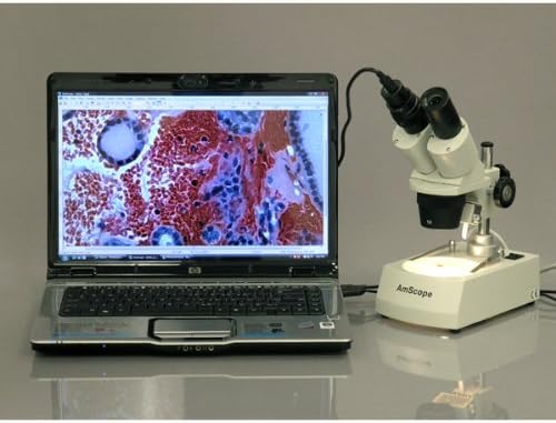 AmScope SE306R-PY-LED Forward-Mounted Binocular Stereo Microscope, WF10x and WF15x Eyepieces, 20X/30X/40X/60X Magnification, 2X and 4X Objectives, Upper and Lower LED Lighting, Reversible Black/White Stage Plate, Pillar Stand, 120V